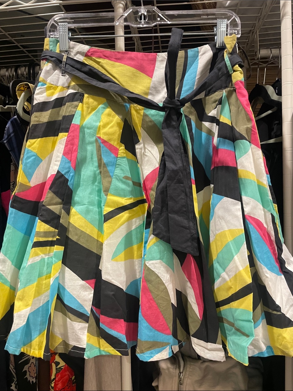 Multicolor Geometric A-Line Cotton Skirt with Black Waist Tie